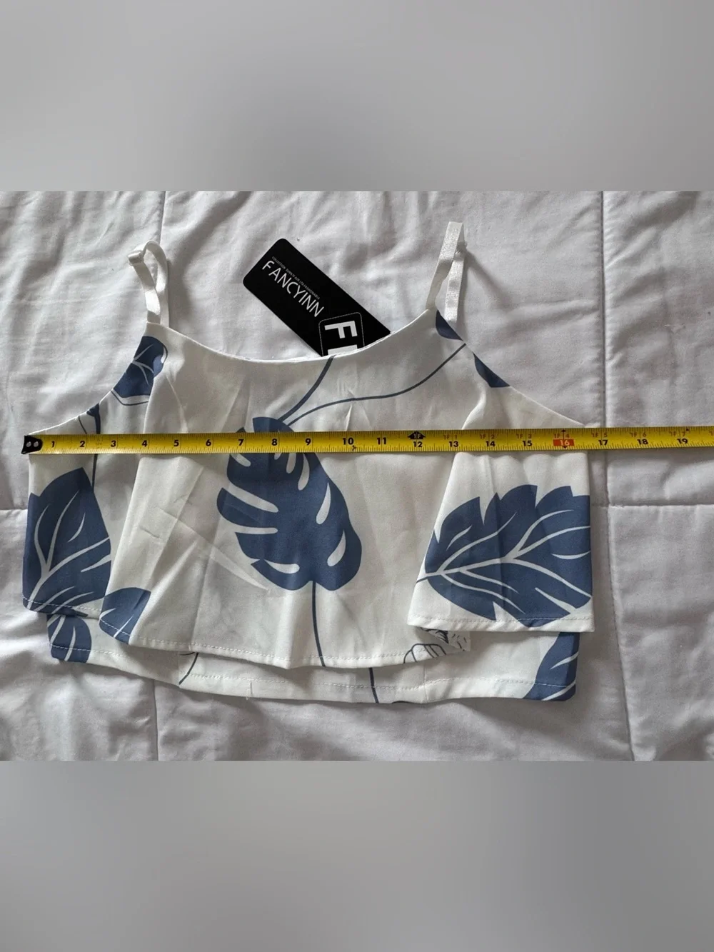 Fancyinn White Two-Piece - Straight Leg Pants Set with Blue Leaf Print